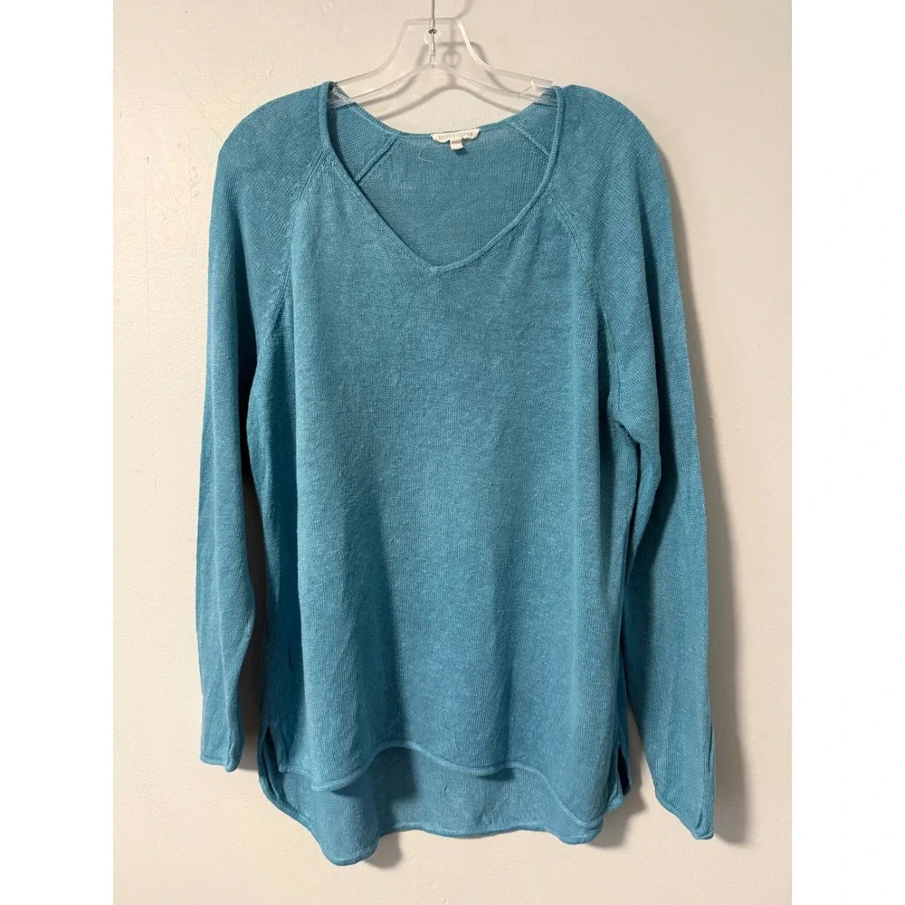 Eileen Fisher Teal Blue 100% Linen V-Neck Raglan Sweater XL R3LG-3